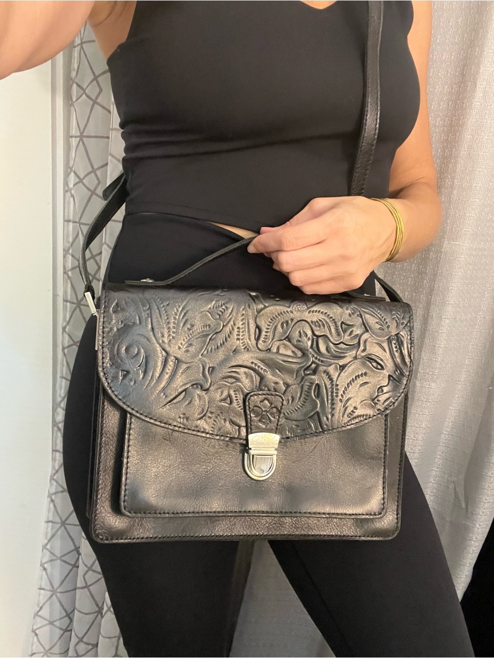 Patricia Nash Black Embossed Leather Satchel Crossbody - Picture 9 of 9